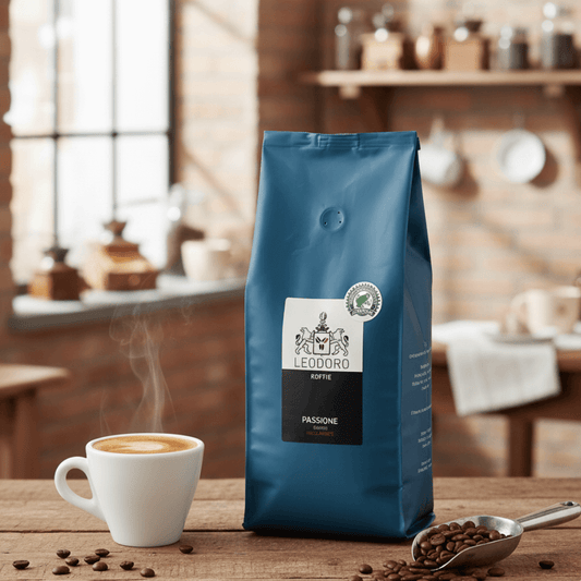 Leodoro Passione slow-roast koffiebonen voor bedrijven – in huiselijke setting met koffiebonen en kopje.