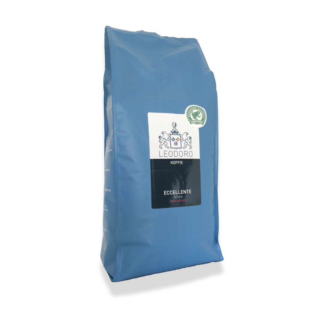 Leodoro Eccellente slow-roast koffiebonen voor bedrijven, 1 kg – volle, rijke smaak met chocoladetonen.