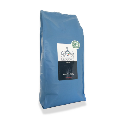 Leodoro Eccellente slow-roast koffiebonen voor bedrijven, 1 kg – volle, rijke smaak met chocoladetonen.